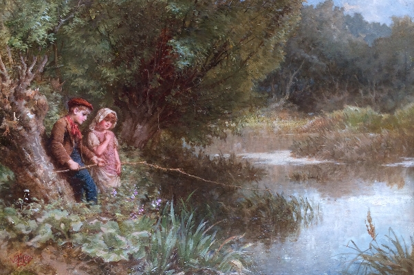 Boy and Girl Fishing in River.Henry.LeJeune.