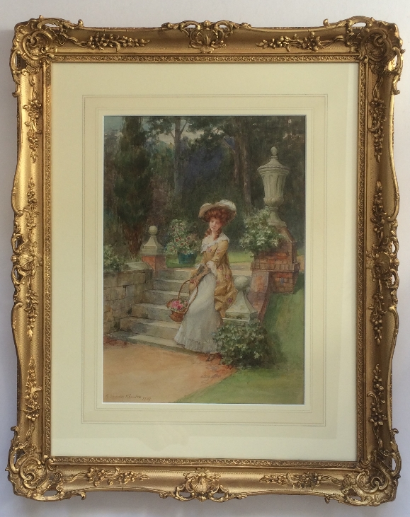 Lady with flowers in Garden.Frame.G.Sheridan Knowles