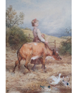 Myles Birket Foster, watercolour for sale, Feeding the calf Myles Birket Foster, watercolour for sale, Feeding the calf